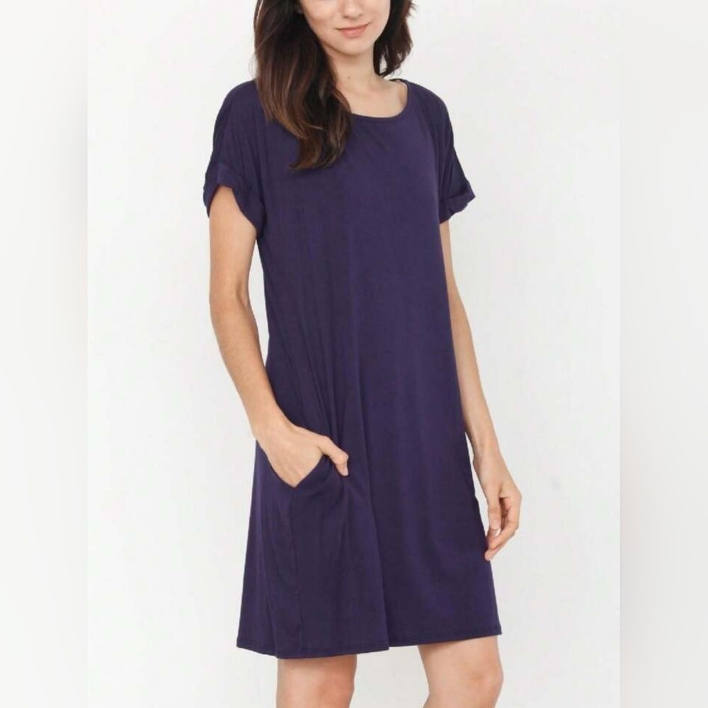 J. Jill Blue Folded Cuff Short Sleeve A Line Mini Dress with Pockets Size Large